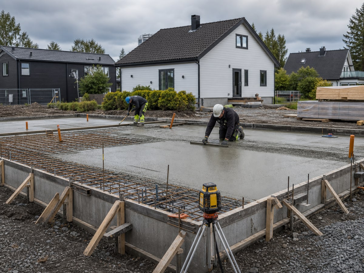 Nystøpt betongplate med forskaling og armering på byggeplass - Skedsmo Anlegg og Betong AS