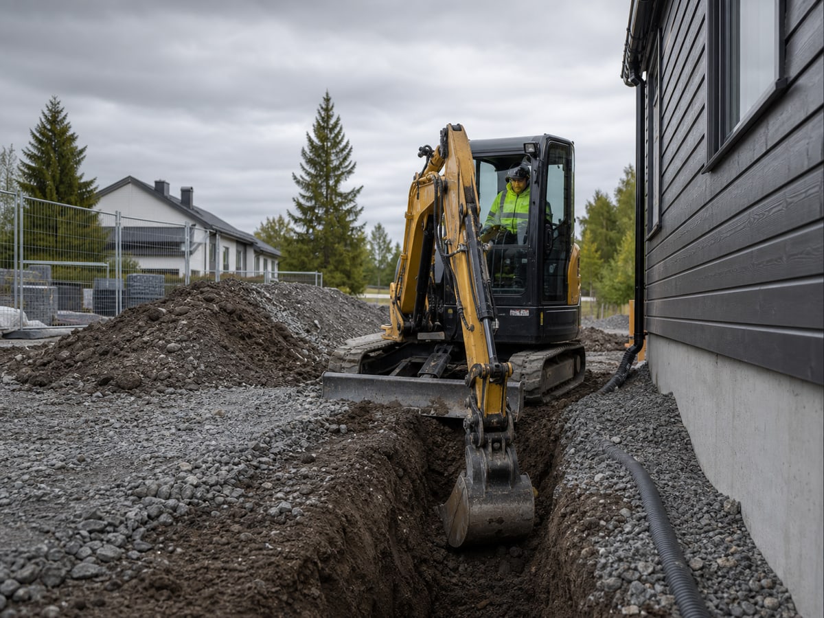 Gravemaskin i arbeid med tomtegraving og grunnarbeid på byggeplass - Skedsmo Anlegg og Betong AS